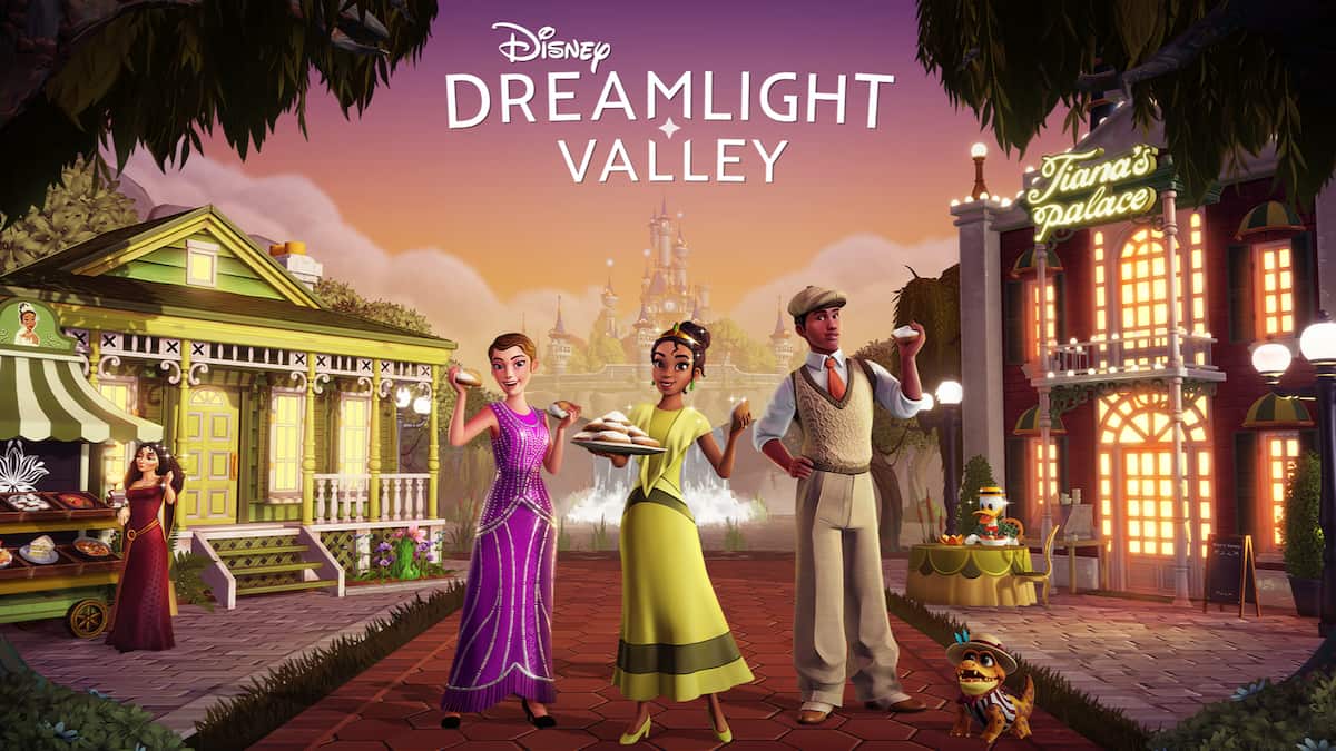 The art for Disney Dreamlight Valley's Dapper Delights update feauring Tiana, two players dressed in 1920's clothes, and Tiana's Palace restaurant.