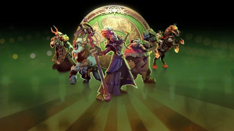 Five Dota 2 heroes, all champions at TI 2023, stand in front of the banner for TI 2024.