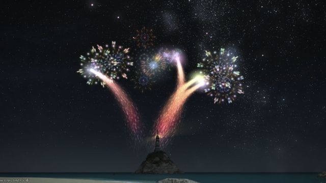 A screenshot from FFXIV's Moonfire Faire event. Multiple colorful fireworks go off behind a lone lighthouse near a beach.