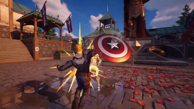 Captain Jonesy fighting with Captain America's shield in Fortnite.