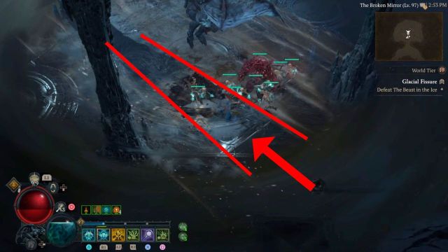 red lines and an arrow indicating where to stand during the flying slash attack from the beast in the ice in diablo 4