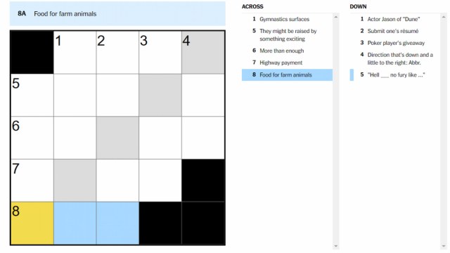 The Aug. 13 NYT Mini Crossword with the "Food for farm animals" clue highlighted.