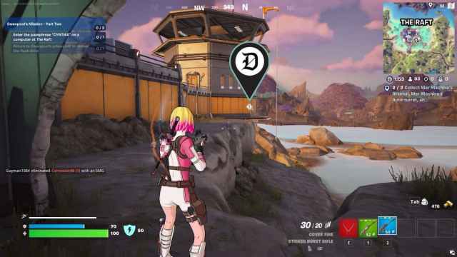 Gwenpool looking a the location of the computer marked in Fortnite.