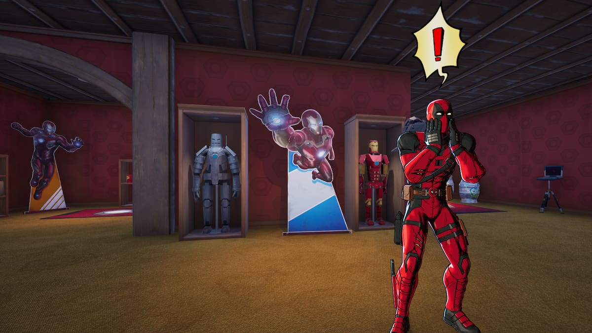 Deadpool gasping in surprise while standing in the Iron Man secret room in Fortnite.