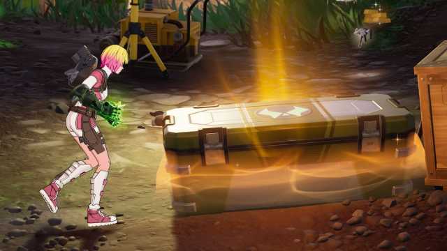 Gwenpool opening a Dr. Doom chest in Fortnite.