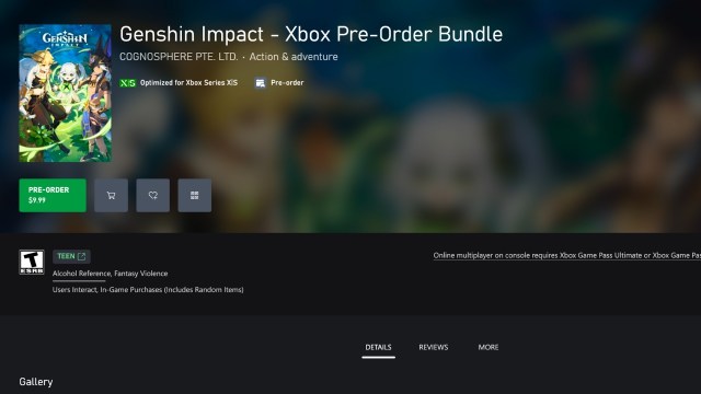 A screenshot of the Genshin Impact Microsoft Xbox store page with the preorder cost