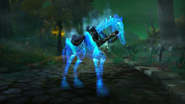 A ghostly blue horse mount as a Twitch drop reward for the War Within