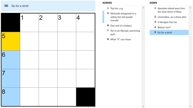 ‘Go for a stroll’ NYT Aug. 21 Mini Crossword puzzle clue