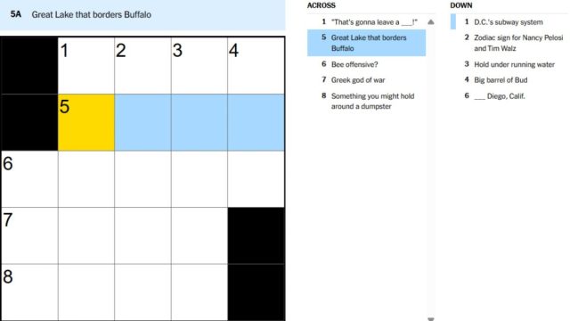nyt mini crossword clue description for great lake that borders buffalo