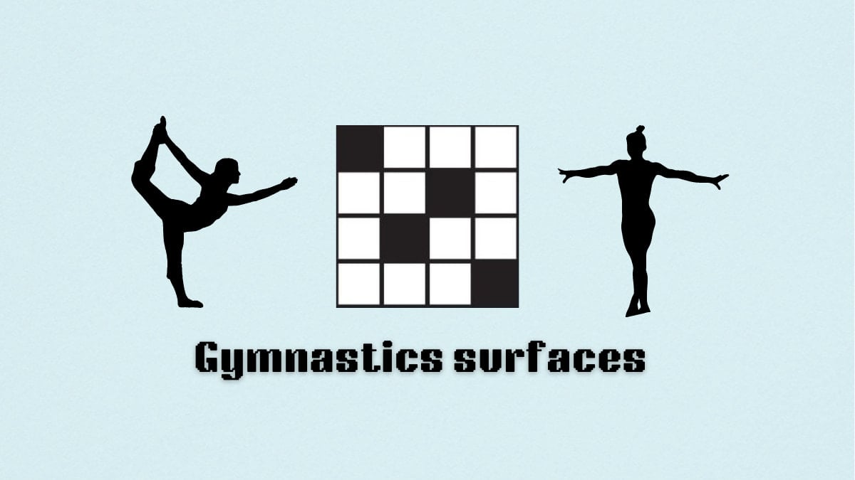 The "Gymnastics Surfaces" clue with two gymnasts on either side of a crossword.