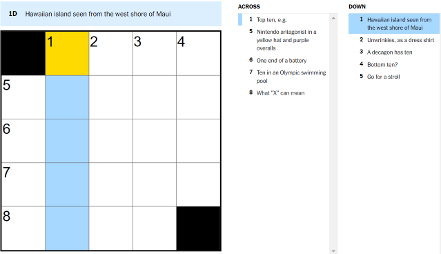 ‘Hawaiian island seen from the west shore of Maui’ NYT Aug. 21 Mini Crossword hints and answer