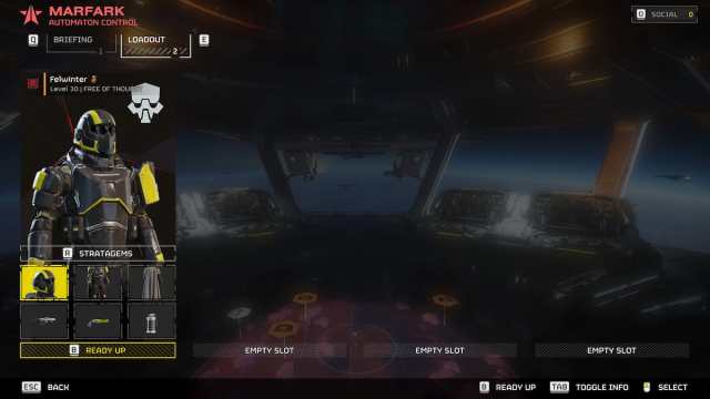 Equipment select screen before the mission in Helldivers 2