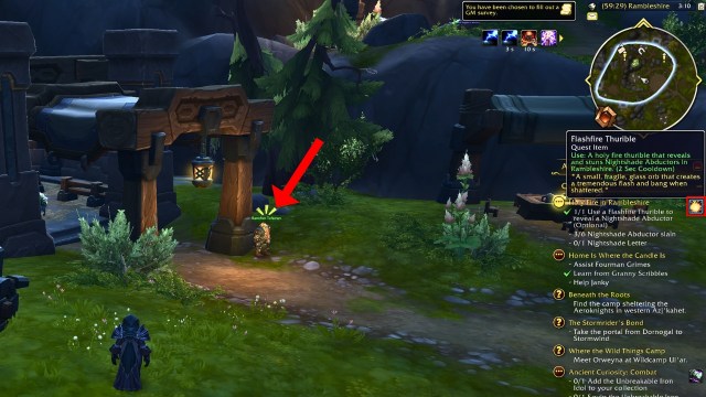 A red arrow pointing to an NPC with the startled symbol above their head in wow the war within