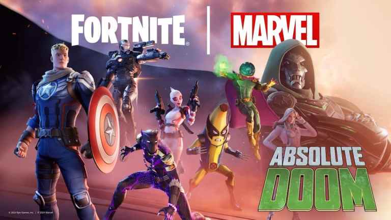 Picture showing all the Marvel superheroes in Fortnite facing Doctor Doom.