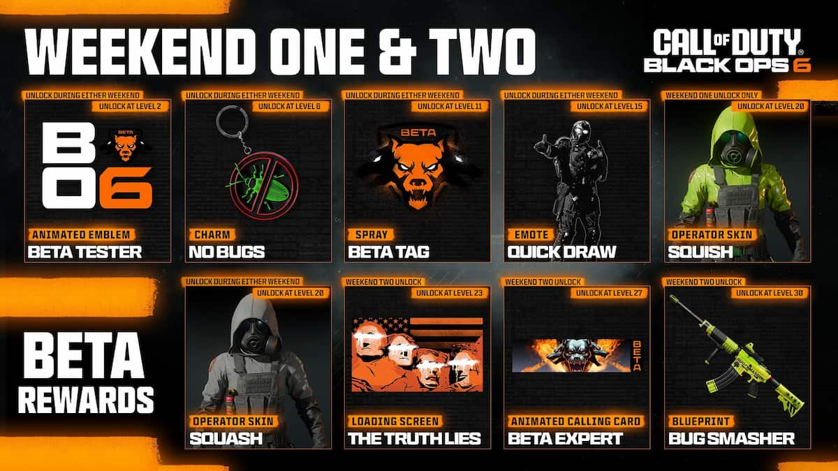 The Black Ops 6 beta rewards, featuring hooded operator skins, charms, a dog-head spray, and weapon blueprint.