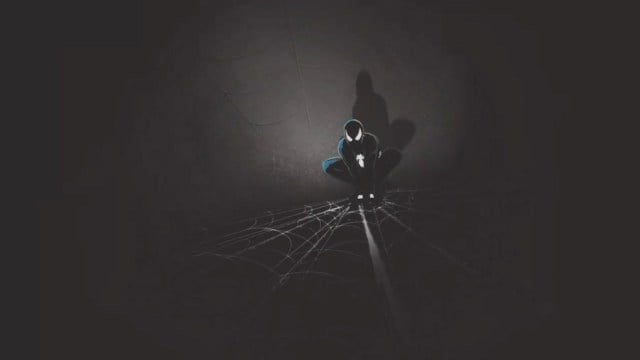 Symbiote Spider-Man hiding in the dark