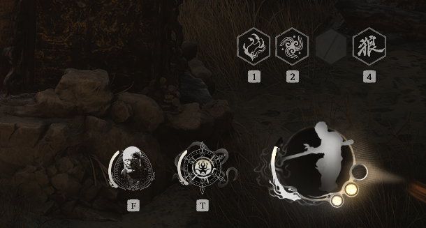 A screenshot of the lower-right corner of the HUD in Black Myth Wukong with a focus on the Focus Points and Staff Stance.