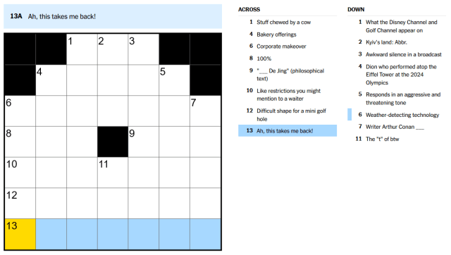 The 13A clue for the Aug. 17 Mini Crossword.