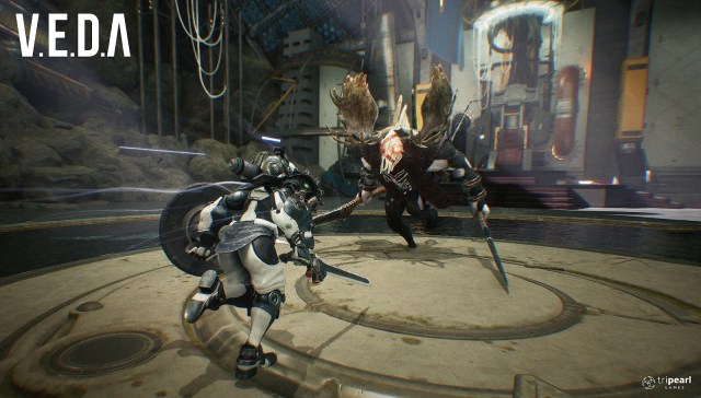 A character with sword and shield faces a robotic foe.