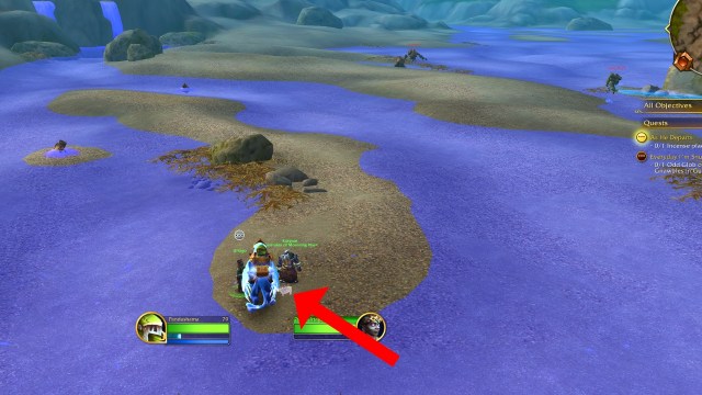 A red arrow pointing to the hard to see incense bowl outline in wow the war within