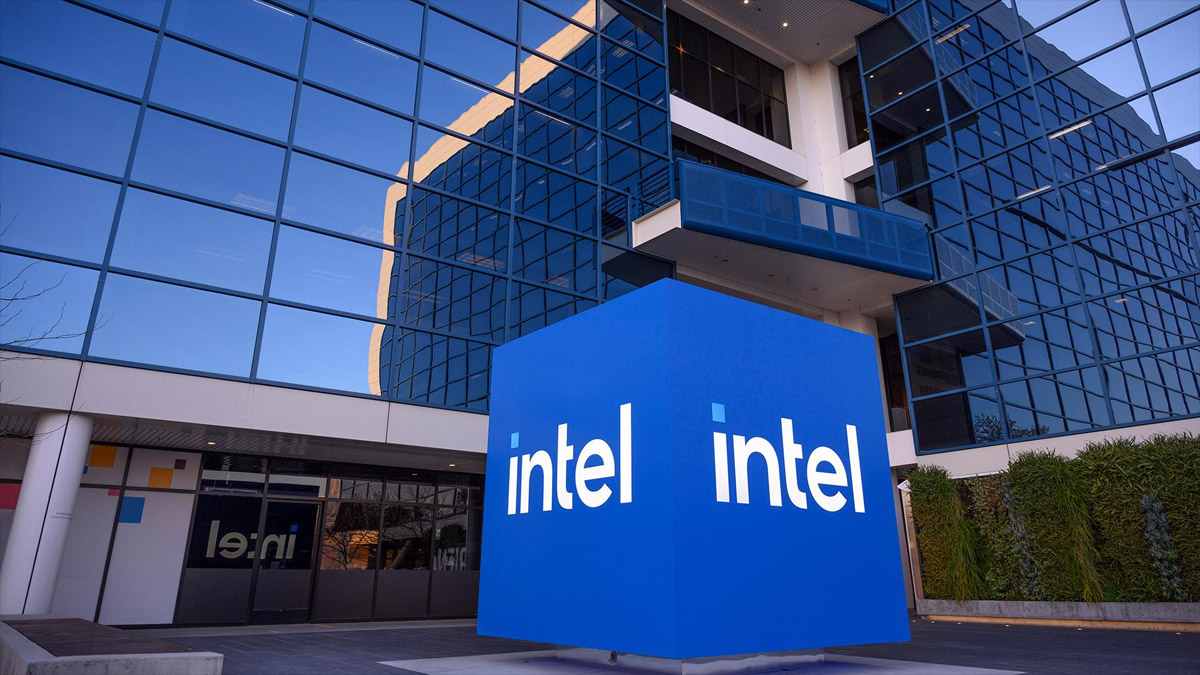 The outside of Intel's North America office with a blue cube featuring the Intel logo.