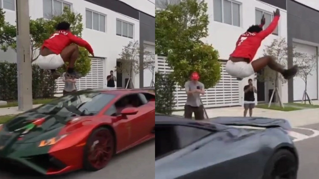 YouTuber IShowSpeed jumps over a red and green supercar and a grey supercar while wearing a Ronaldo Portugal jersey