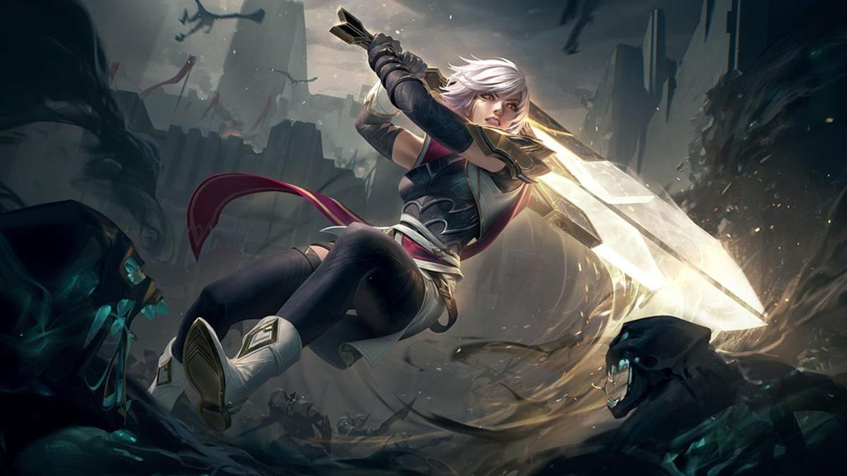 Sentinel Riven leaps towards spirits in a League of Legends battle with her huge Sentinel white blade.