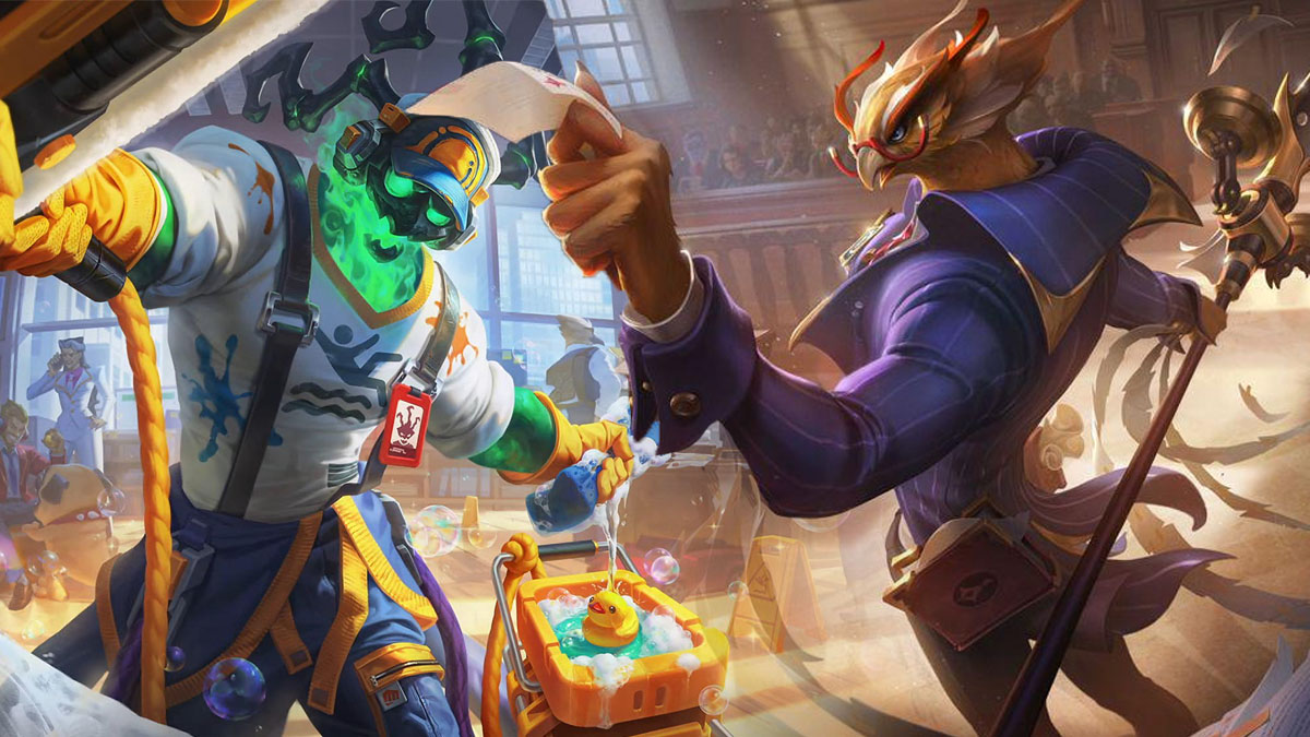 Janitor Thresh (left) and Attorney Azir (right) prepare for battle on the Rife in League of Legends.