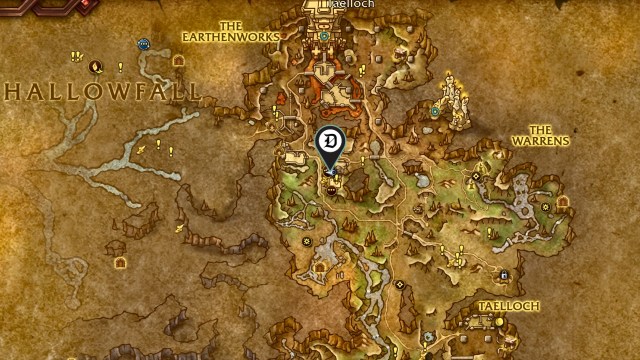 The Dot Esports icon showing the mapped location of the dusty prospector's chest in wow the war within