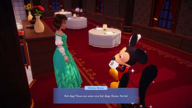 Mickey Mouse making a joke about hot dogs in Disney Dreamlight Valley.