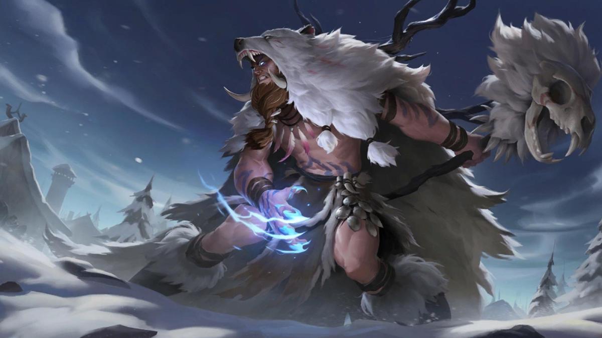 Udyr casts a shapeshifting spell in League of Legends while out in the artic frost. He's wearing a bear pelt and wielding a huge skull hammer.