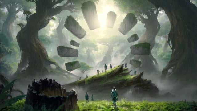 A human stands in a small field next to a cut-down tree in front of a floating circle of rocks in MTG.