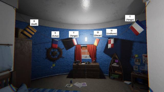The Nautical flags spelling GET OUT marked in Phasmophobia.