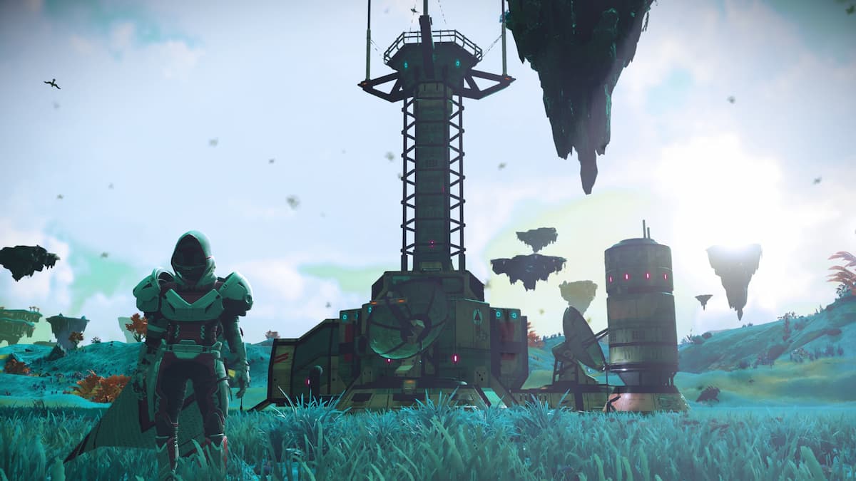 NMS character standing in front of a Transmission Tower