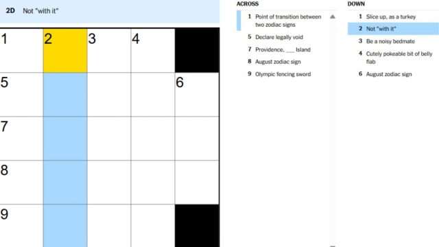 not with it clue in the aug 27 nyt mini crossword