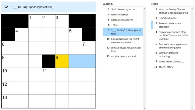 The Aug. 17 NYT Mini Crossword puzzle highlighting 9-Across