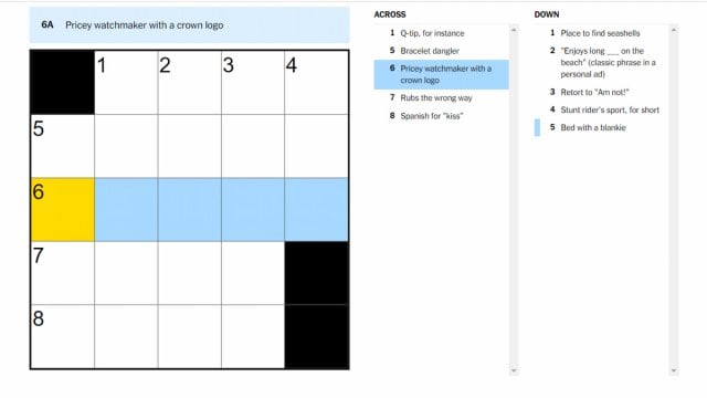 The Aug. 8 NYT Mini Crossword with the Pricey watchmaker with a crown logo row highlighted.