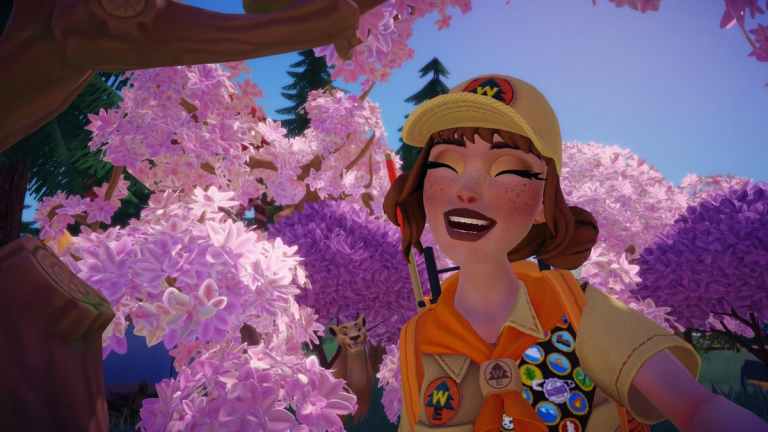 Taking a picture with pink trees and Nala in Disney Dreamlight Valley.