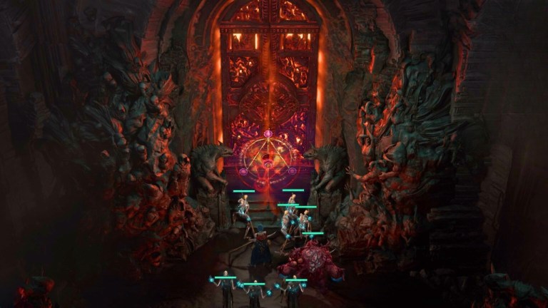 player, minions, and golem in from of a glowing red door in diablo 4