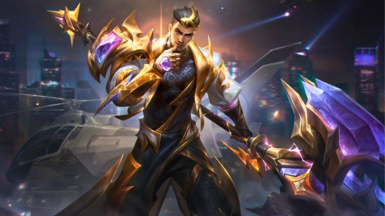 Jayce wearing his gold and purple Prestige T1 2023 Worlds skin with his hair slicked back in League of Legends