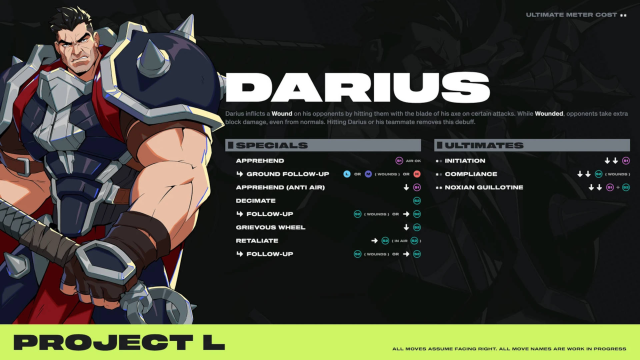 Darius 2XKO character page including his abilities and ultimates