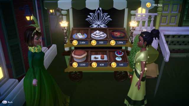 Preparing to purchase some food from Tiana's Meal Stall in Disney Dreamlight Valley.