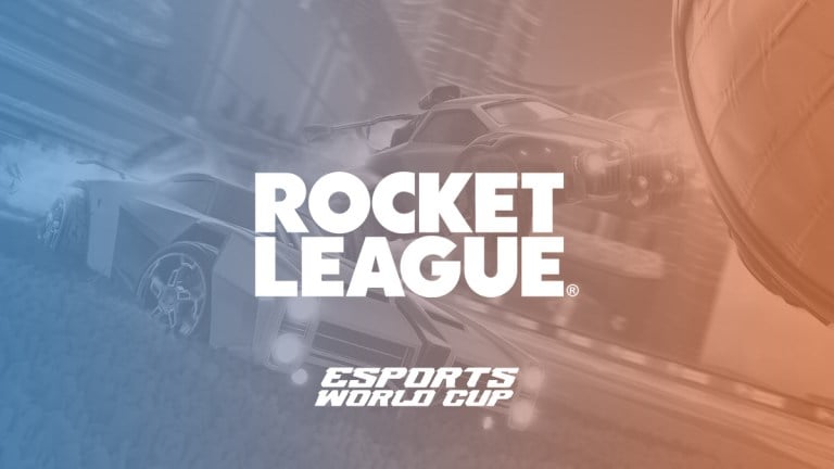 The Rocket League and EWC logos above an action shot of two cars playing Rocket League.