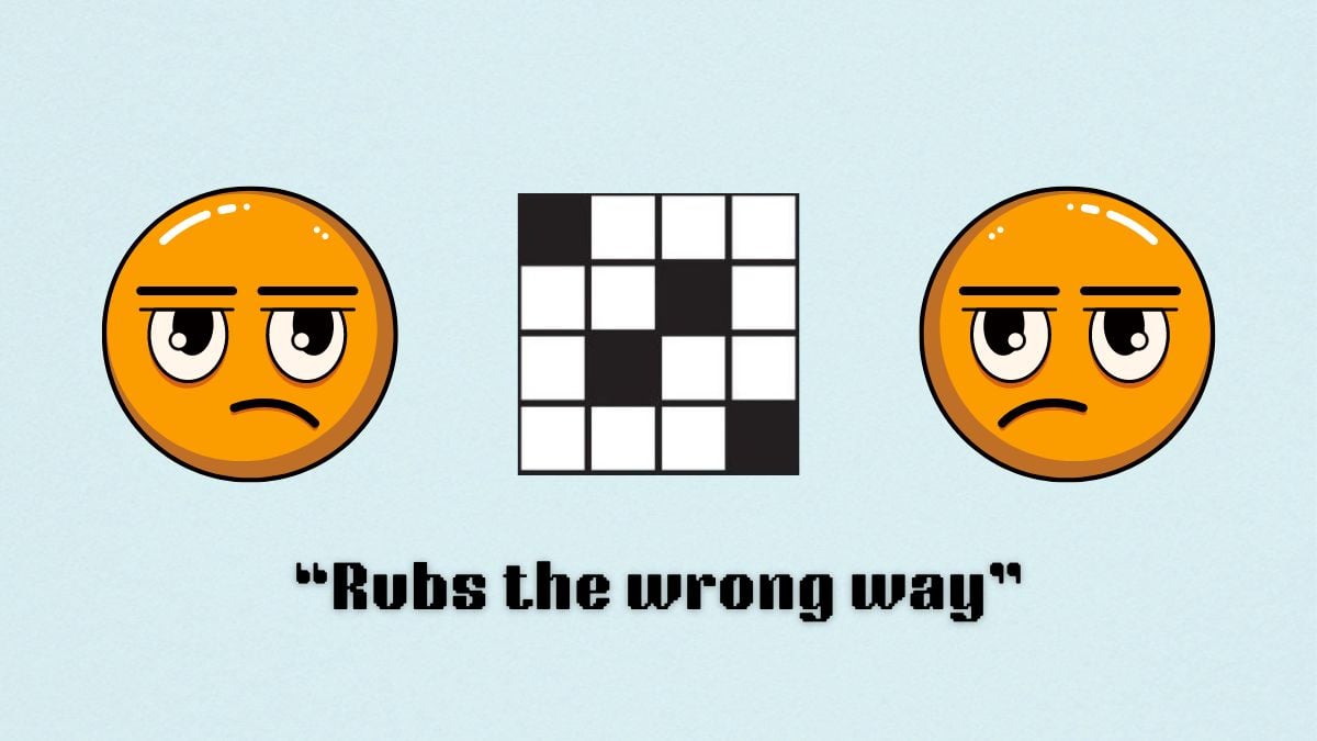 two unhappy faces and a crossword puzzle icon above the clue, rubs the wrong way, from the aug. 8 nyt mini crossword puzzle