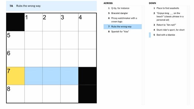 the clue, rubs the wrong way, highlighted in blue and yellow on the nyt mini crossword puzzle