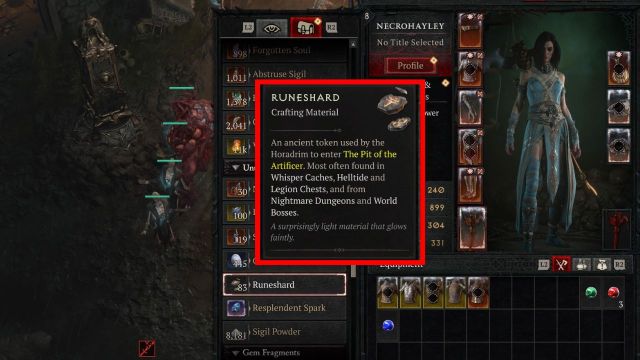 the runeshard card from the inventory with details on how to get the runeshards in diablo 4