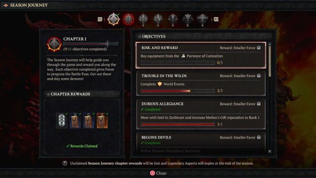 the seasonal journey chapter one page with a list of objectives to complete and the rewards to claim in diablo 4