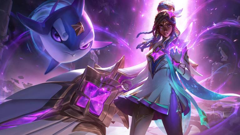 Star Guardian Senna stands ready for battle with her huge sparkly purple gun and her spirit companion in League of Legends.