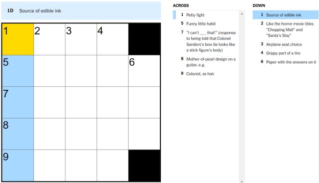 source of edible ink nyt crossword clue