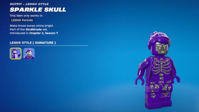 The LEGO Sparkle Skull skin standing in Fortnite.